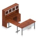 71" U-Shaped Desk with Metal Legs, Height Adjustable Bridge, Credenza and Hutch with Silver Glass Doors - Thumbnail Image 1
