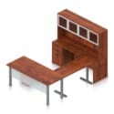 71" U-Shaped Desk with Metal Legs, Height Adjustable Bridge, Credenza and Hutch with Silver Glass Doors - Thumbnail Image 6