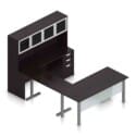 71" U-Shaped Desk with Metal Legs, Height Adjustable Bridge, Credenza and Hutch with Silver Glass Doors - Thumbnail Image 2