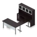 71" U-Shaped Desk with Metal Legs, Height Adjustable Bridge, Credenza and Hutch with Silver Glass Doors - Thumbnail Image 7