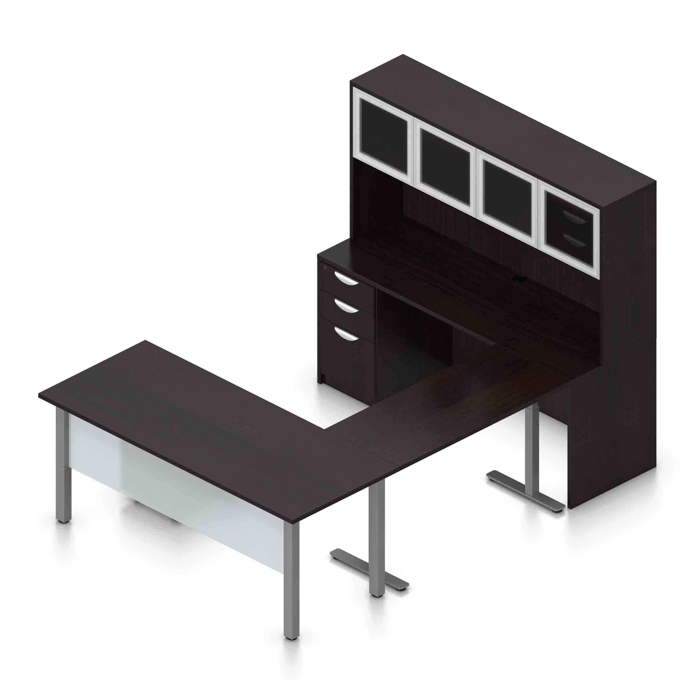 71" U-Shaped Desk with Metal Legs, Height Adjustable Bridge, Credenza and Hutch with Silver Glass Doors - Image 7