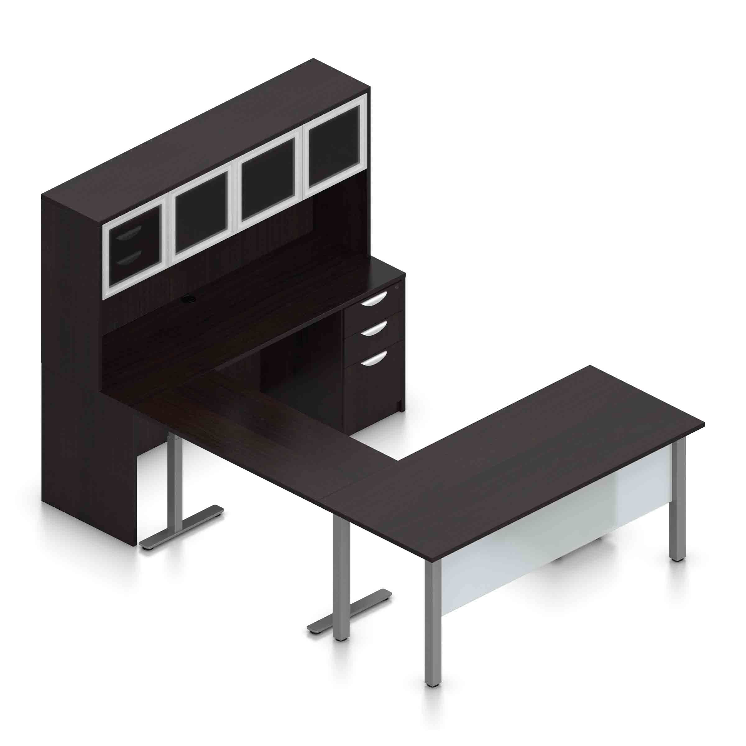 71" U-Shaped Desk with Metal Legs, Height Adjustable Bridge, Credenza and Hutch with Silver Glass Doors - Image 2