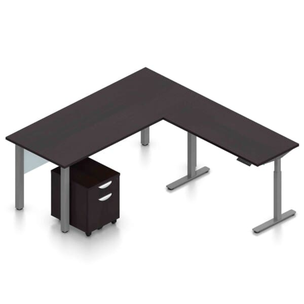 71" x 24" Desk with Metal Legs, Acrylic Modesty Panels, Mobile Box/File Pedestal, and a 48" x 24" Height Adjustable Return
