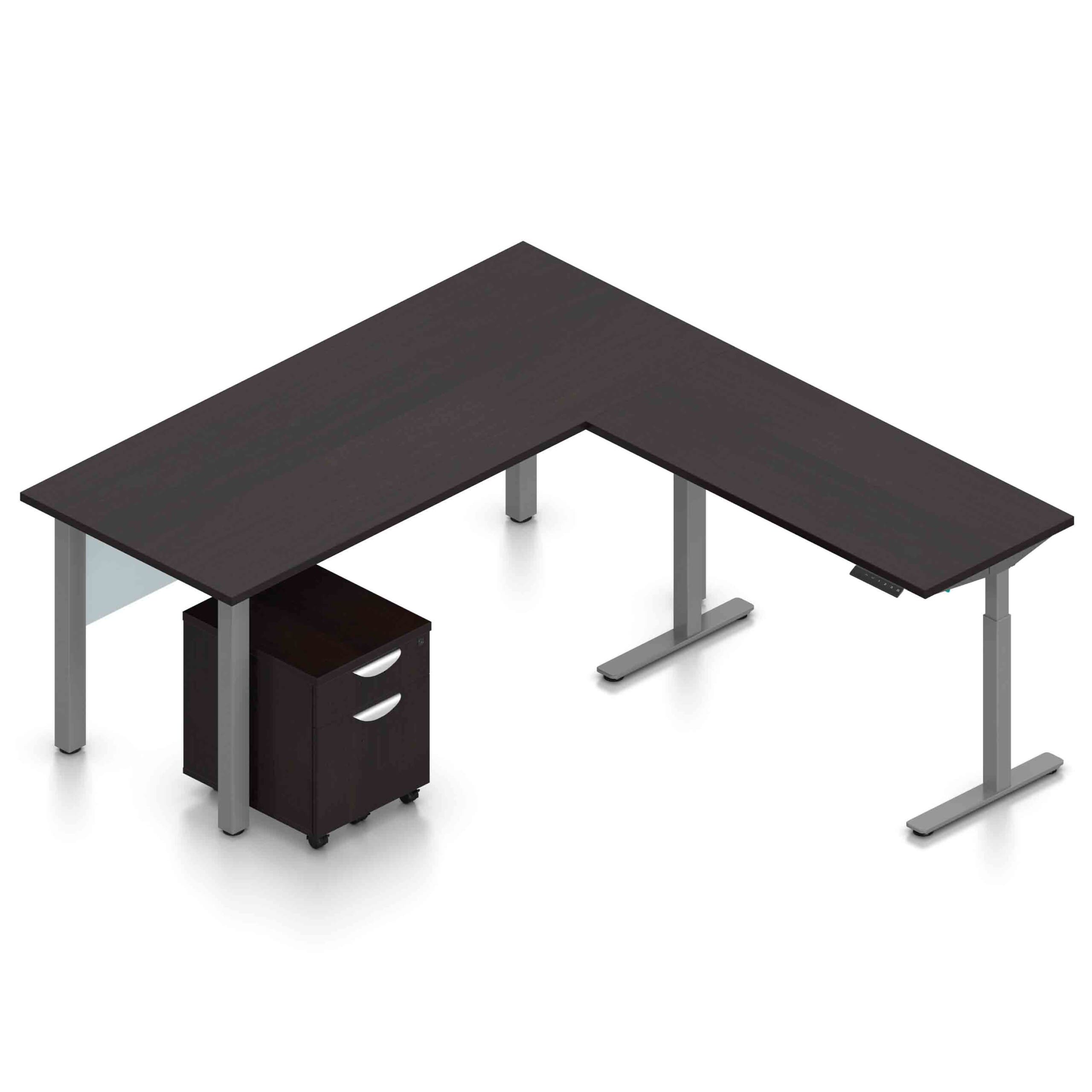 71" x 24" Desk with Metal Legs, Acrylic Modesty Panels, Mobile Box/File Pedestal, and a 48" x 24" Height Adjustable Return - Image 1