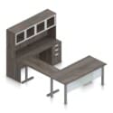 71" U-Shaped Desk with Metal Legs, Height Adjustable Bridge, Credenza and Hutch with Silver Glass Doors - Thumbnail Image 3