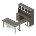 71" U-Shaped Desk with Metal Legs, Height Adjustable Bridge, Credenza and Hutch with Silver Glass Doors - Thumbnail Image 8