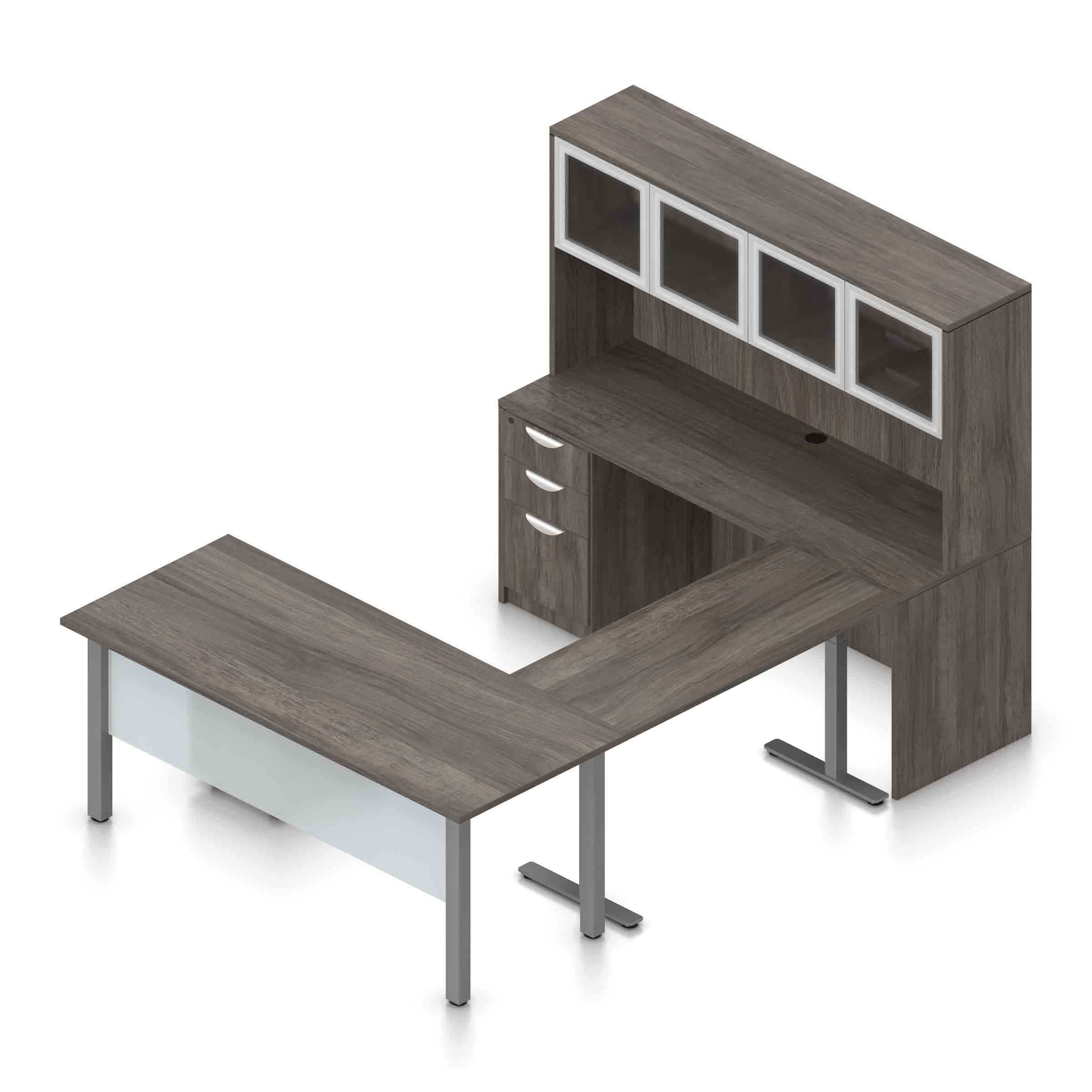 71" U-Shaped Desk with Metal Legs, Height Adjustable Bridge, Credenza and Hutch with Silver Glass Doors - Image 8
