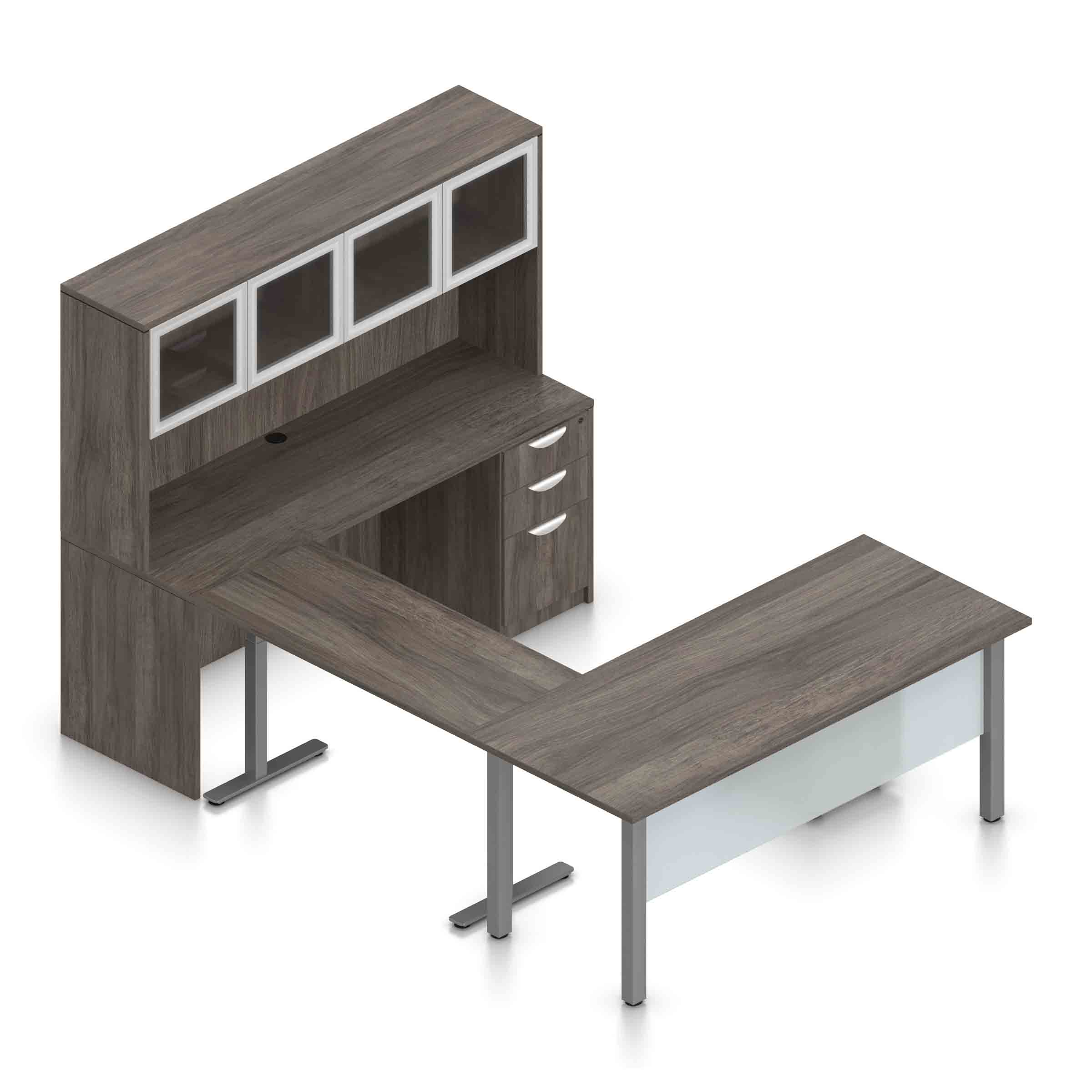 71" U-Shaped Desk with Metal Legs, Height Adjustable Bridge, Credenza and Hutch with Silver Glass Doors - Image 3