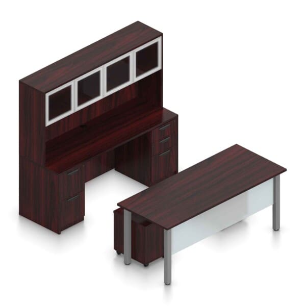 71" Desk and Credenza Set with Metal Legs, 2 Mobile Pedestals and Hutch with Silver Glass Doors