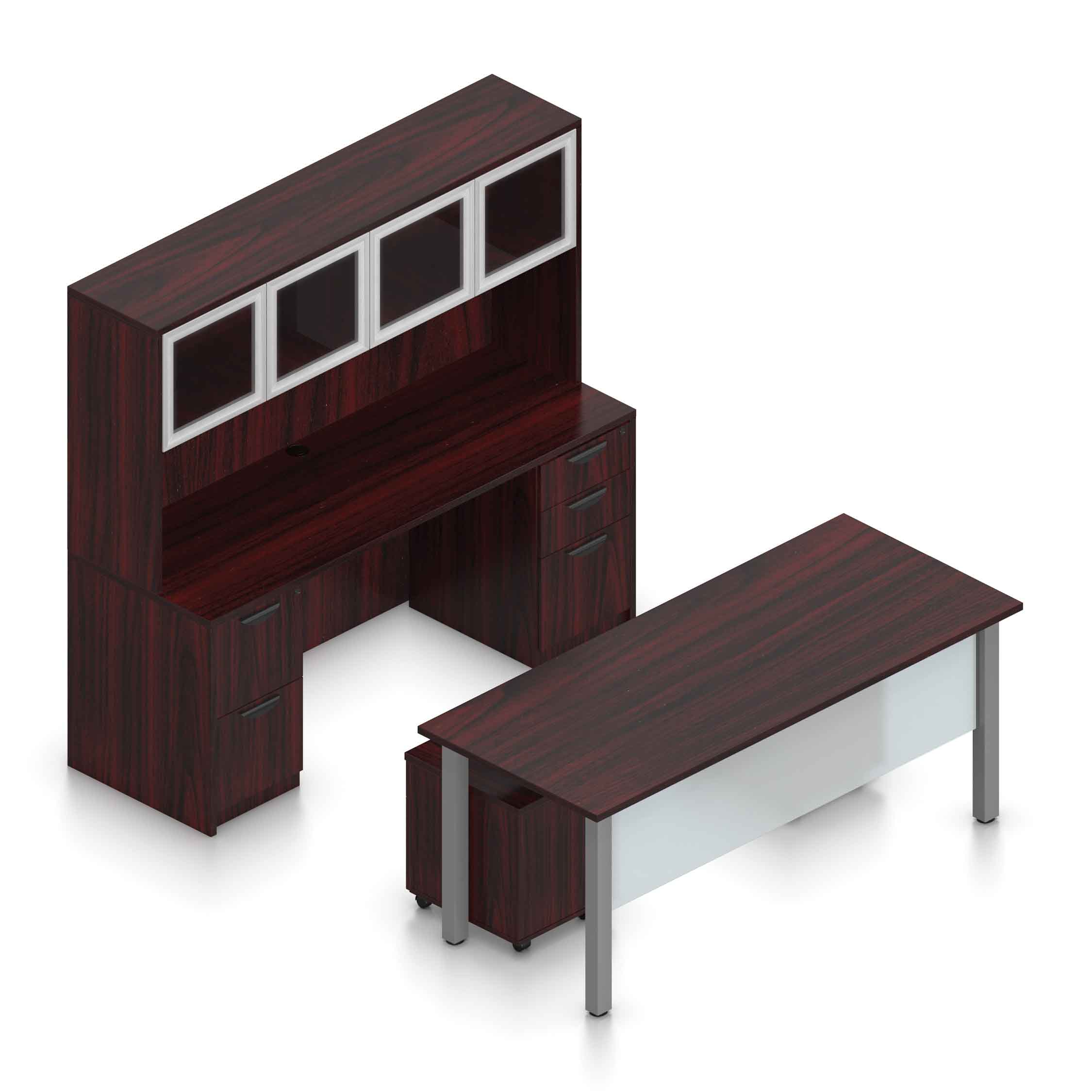 71" Desk and Credenza Set with Metal Legs, 2 Mobile Pedestals and Hutch with Silver Glass Doors - Image 1