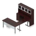 71" U-Shaped Desk with Metal Legs, Height Adjustable Bridge, Credenza and Hutch with Silver Glass Doors - Thumbnail Image 9