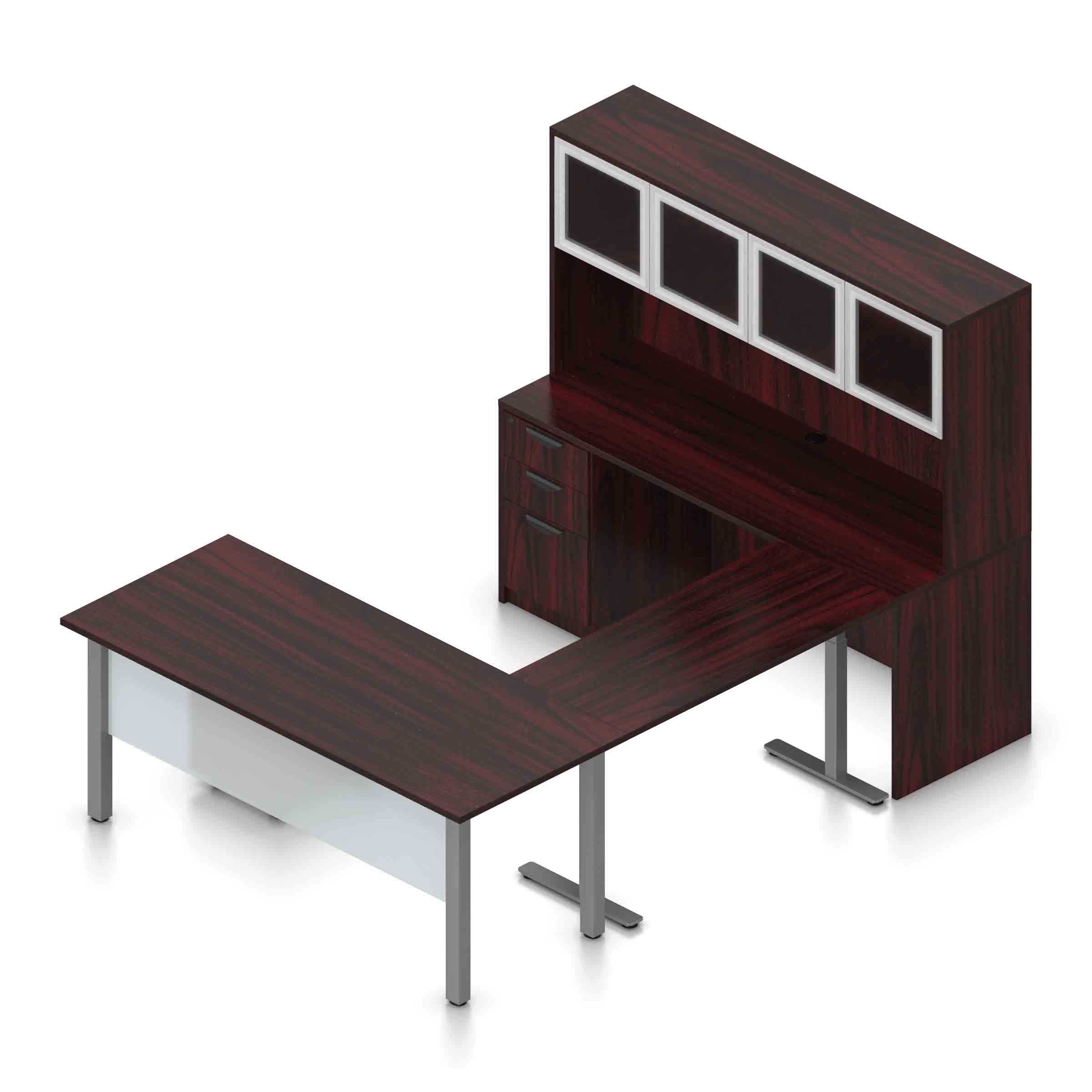 71" U-Shaped Desk with Metal Legs, Height Adjustable Bridge, Credenza and Hutch with Silver Glass Doors - Image 9