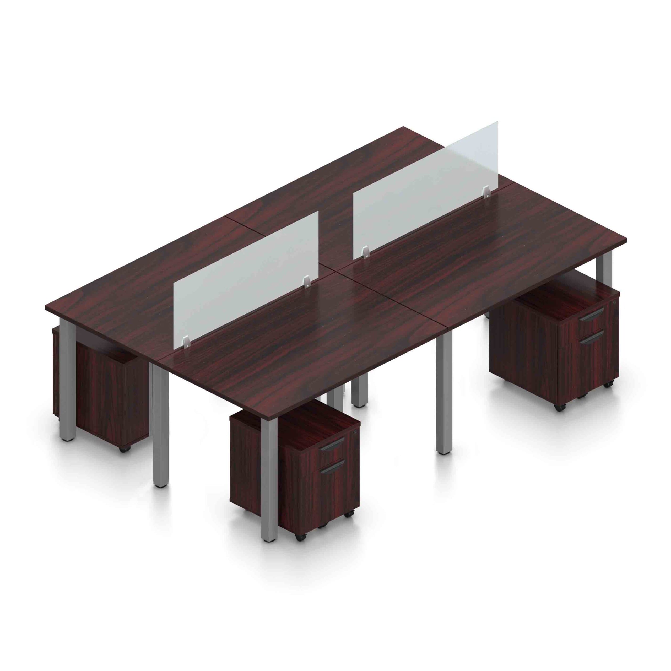 4 Person Workstation for offices. Each workstation includes on 48" x 30" worksurface and a pedestal. 2 Acrylic dividers. Ships free nationwide.