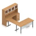 71" U-Shaped Desk with Metal Legs, Height Adjustable Bridge, Credenza and Hutch with Silver Glass Doors - Thumbnail Image 5