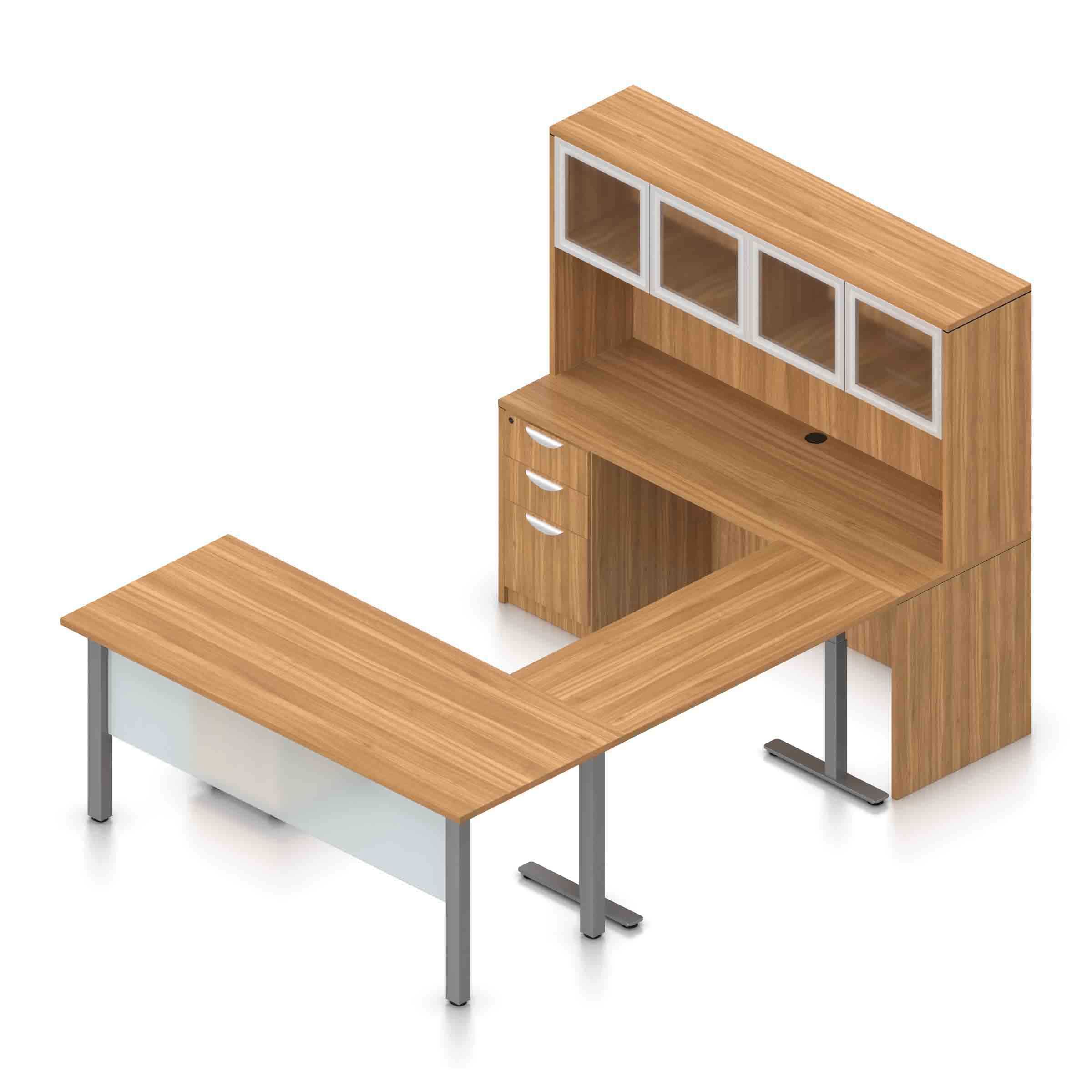 71" U-Shaped Desk with Metal Legs, Height Adjustable Bridge, Credenza and Hutch with Silver Glass Doors - Image 10
