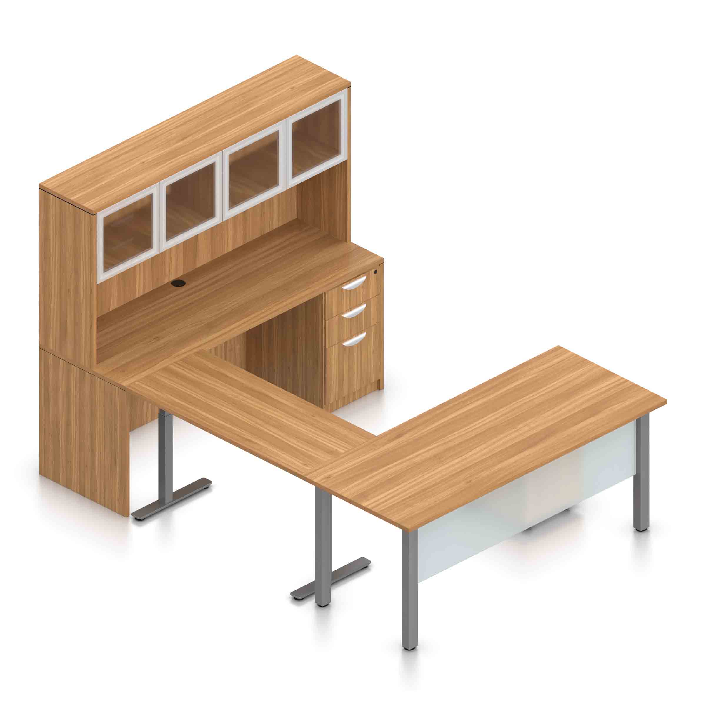 71" U-Shaped Desk with Metal Legs, Height Adjustable Bridge, Credenza and Hutch with Silver Glass Doors - Image 5