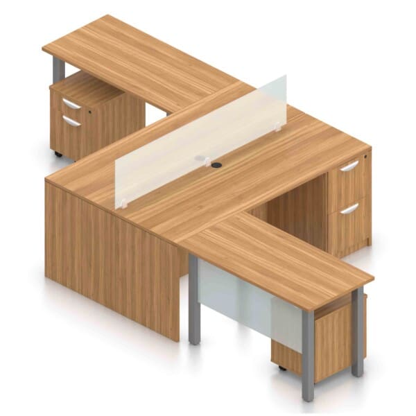 2-Person Workstation with 2 : 71" x 24" Desk with File/File Pedestal, 48" x 24" Return with Mobile Box/File Pedestal, and Acrylic Divider