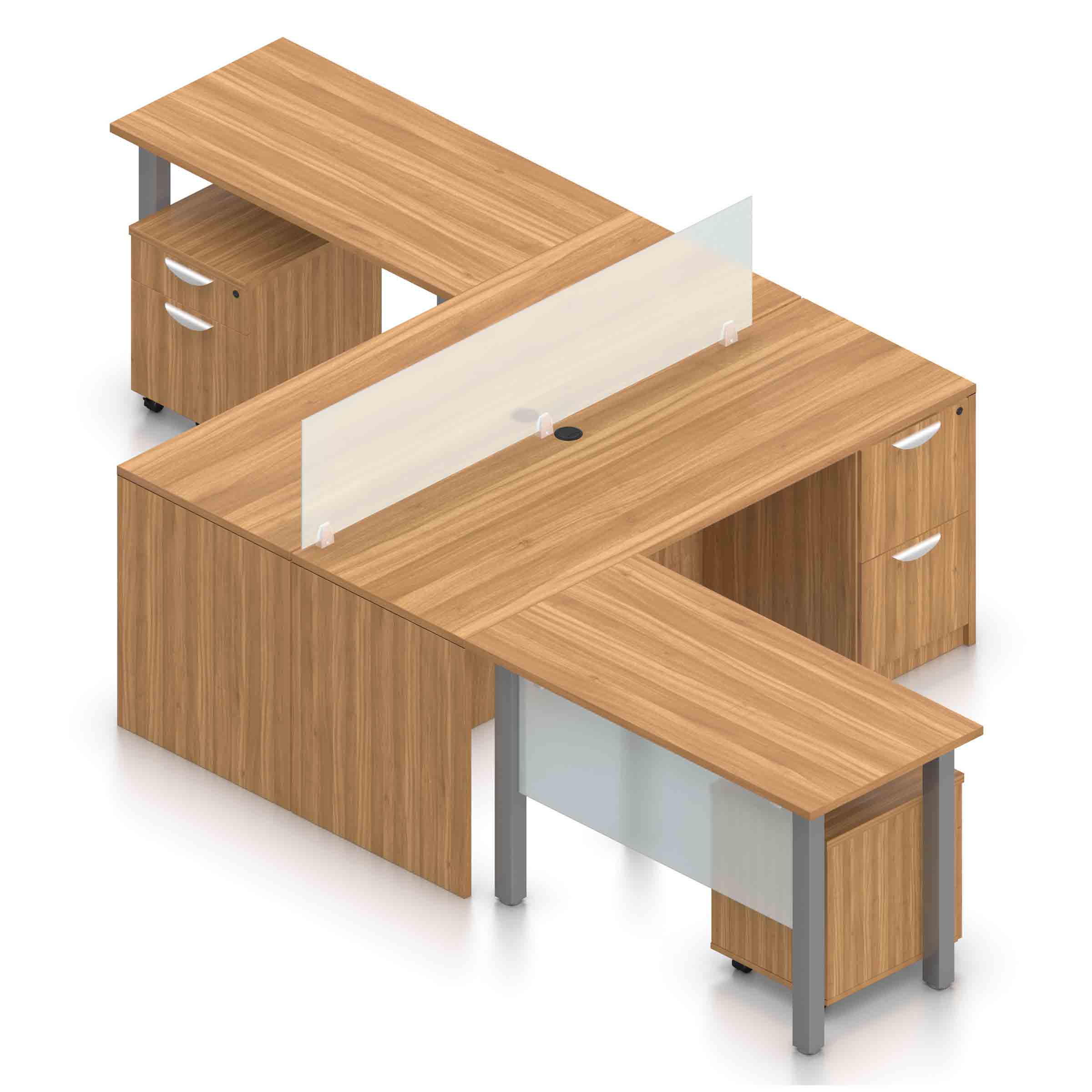 2-Person Workstation with 2 : 71" x 24" Desk with File/File Pedestal, 48" x 24" Return with Mobile Box/File Pedestal, and Acrylic Divider - Image 1