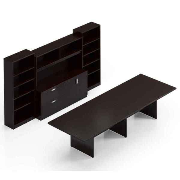 12' Conference Table with a Storage Cabinet, Mixed Storage Unit, Overhead Hutch, and 2 Bookcases