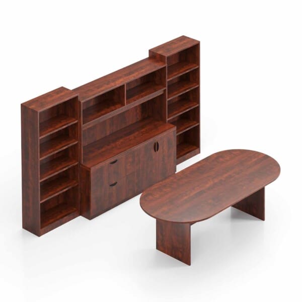 8' Conference Table with a Storage Cabinet, Mixed Storage Unit, Overhead Hutch, and 2 Bookcases