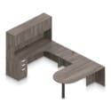 71" x 36" Bullet Top with Metal Leg, 42" x 24" Bridge, 71" x 24" Credenza, Box/Box/File Pedestal, and Overhead Hutch with Laminate Doors - Thumbnail Image 1
