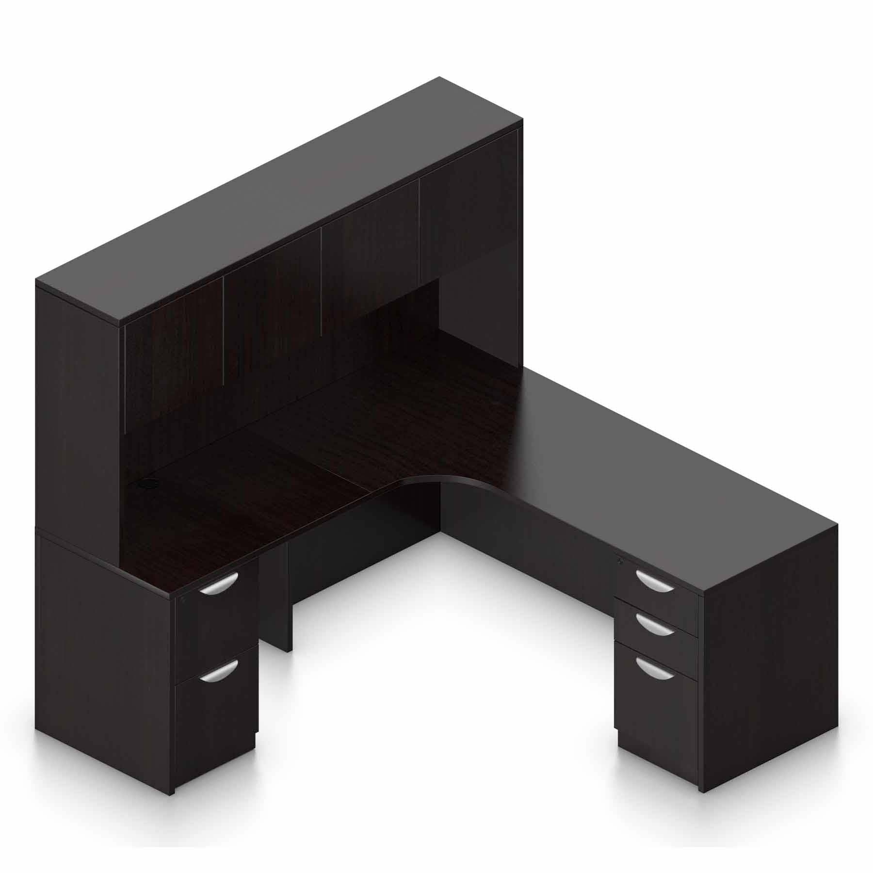 71″ W Desk with Curved Extension with 36″ x 24″ Return, Overhead Hutch and Double Pedestals - Image 3