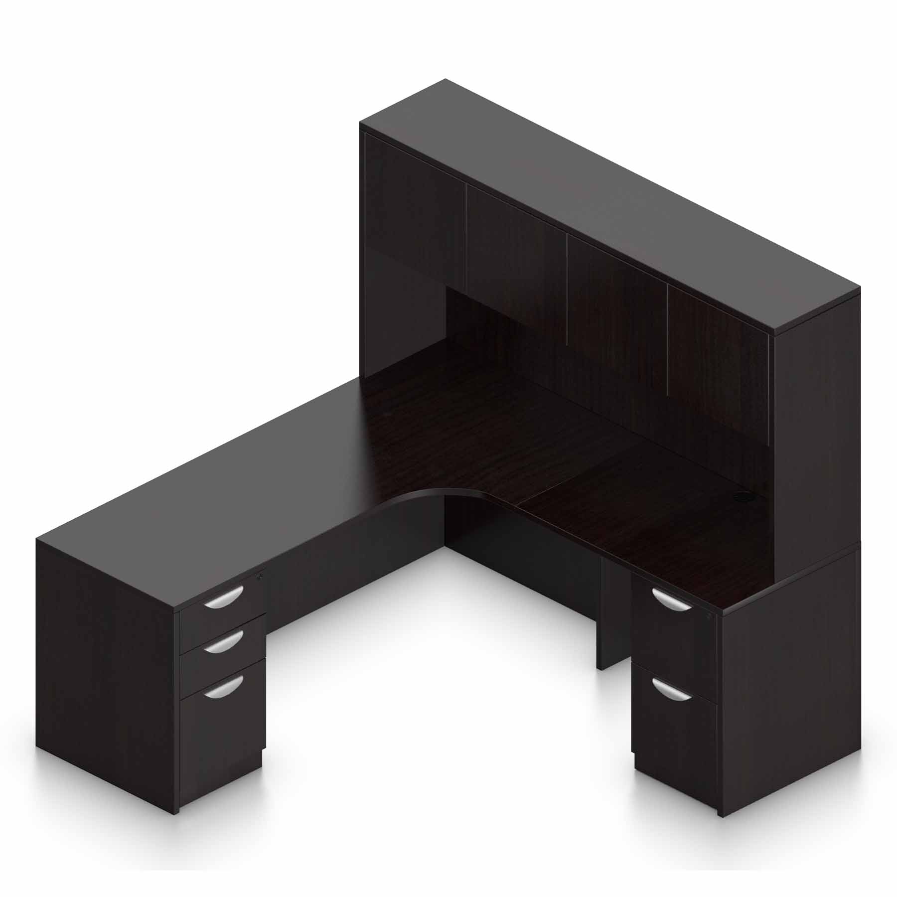 71″ W Desk with Curved Extension with 36″ x 24″ Return, Overhead Hutch and Double Pedestals - Image 7