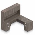 71″ W Desk with Curved Extension with 36″ x 24″ Return, Overhead Hutch and Double Pedestals - Thumbnail Image 1