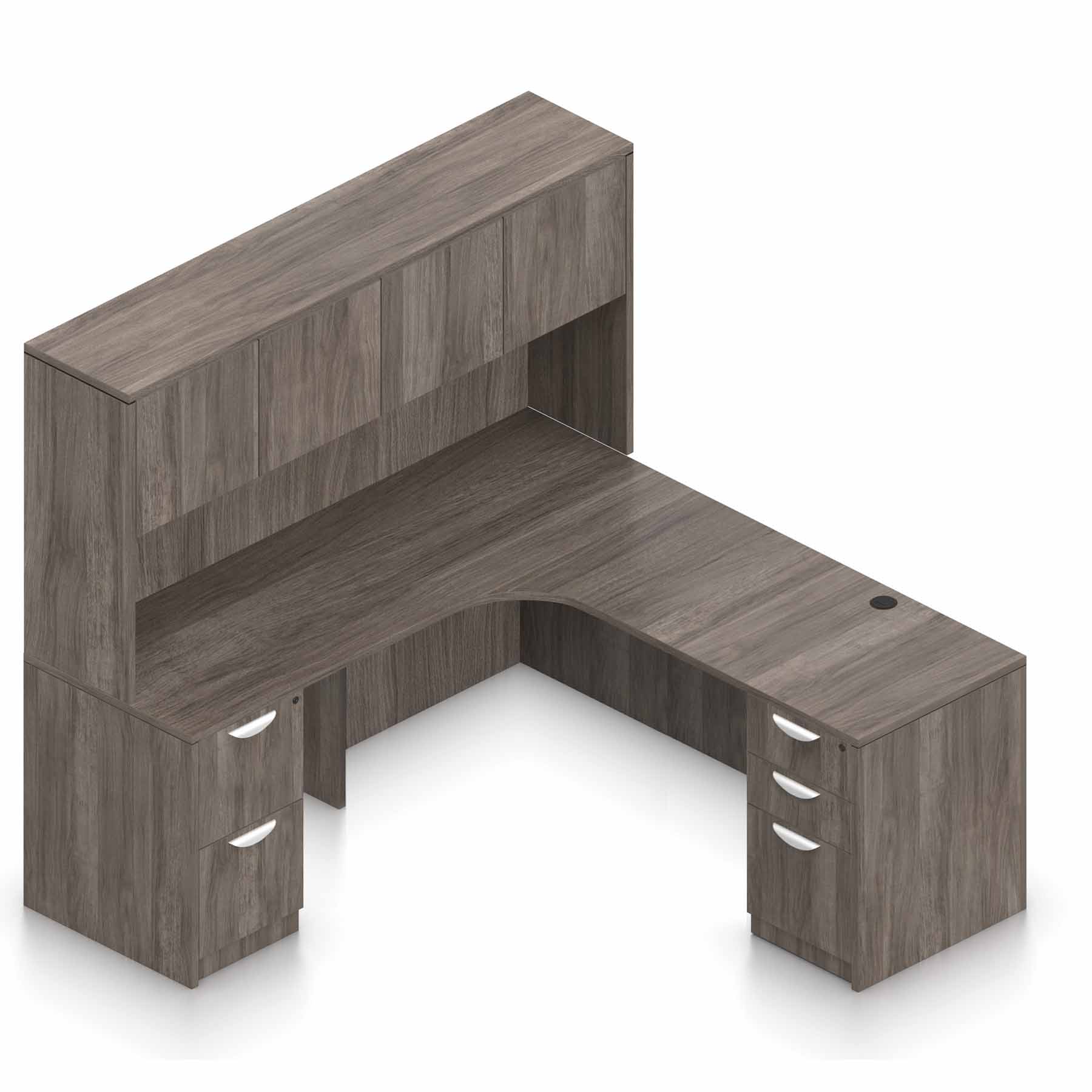 71″ W Desk with Curved Extension with 36″ x 24″ Return, Overhead Hutch and Double Pedestals - Image 1