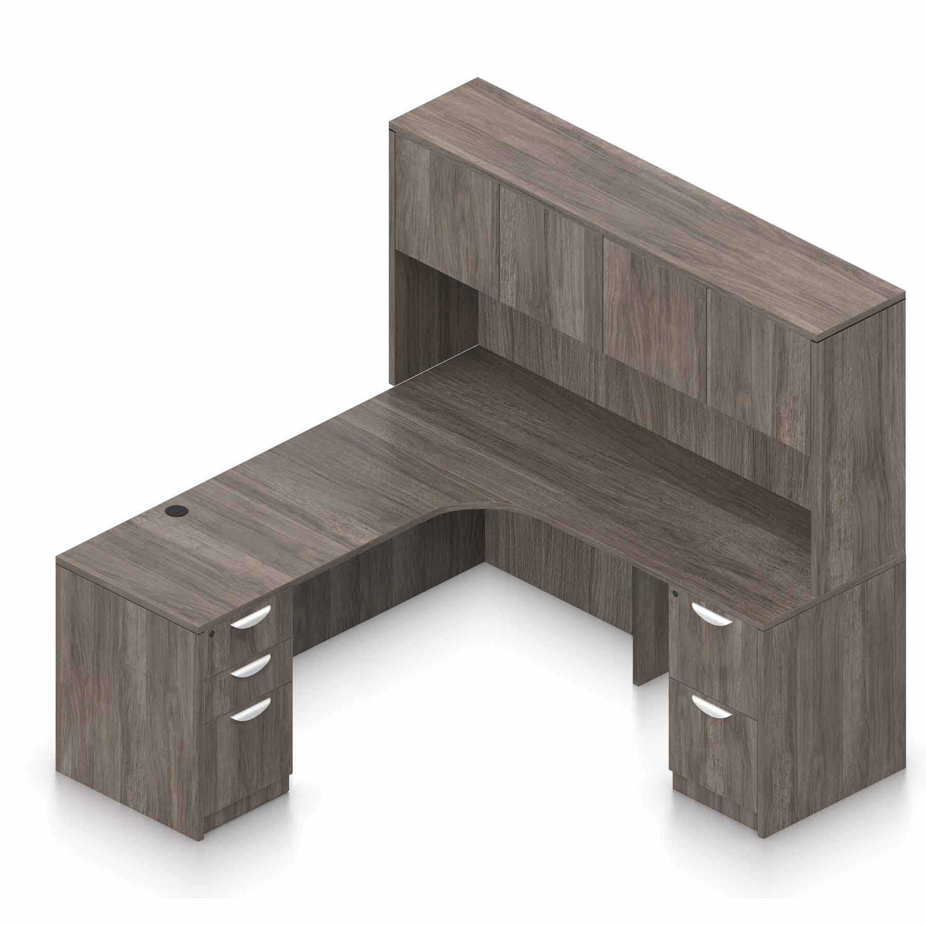 71″ W Desk with Curved Extension with 36″ x 24″ Return, Overhead Hutch and Double Pedestals - Image 10