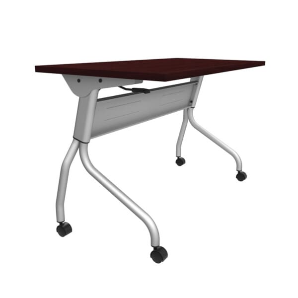 71 x 24 Folding Training Table shown in a silver frame and a mahogany top.
