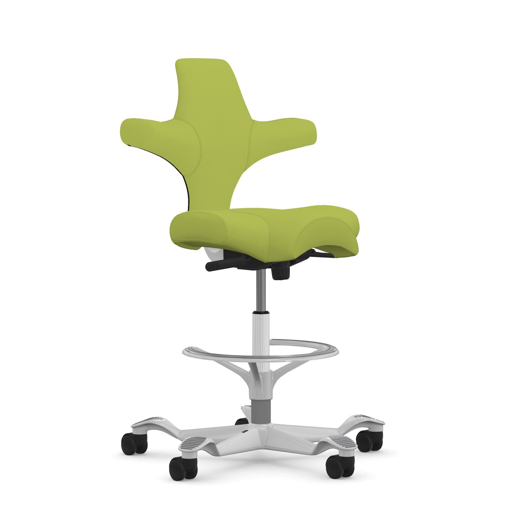 hag capisco chair with a stool cylinder and a footring in a gray frame and an olive antimicrobial vinyl