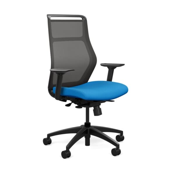Hexy Task Chair by SitOnIt Seating in a black frame and an electric blue seat