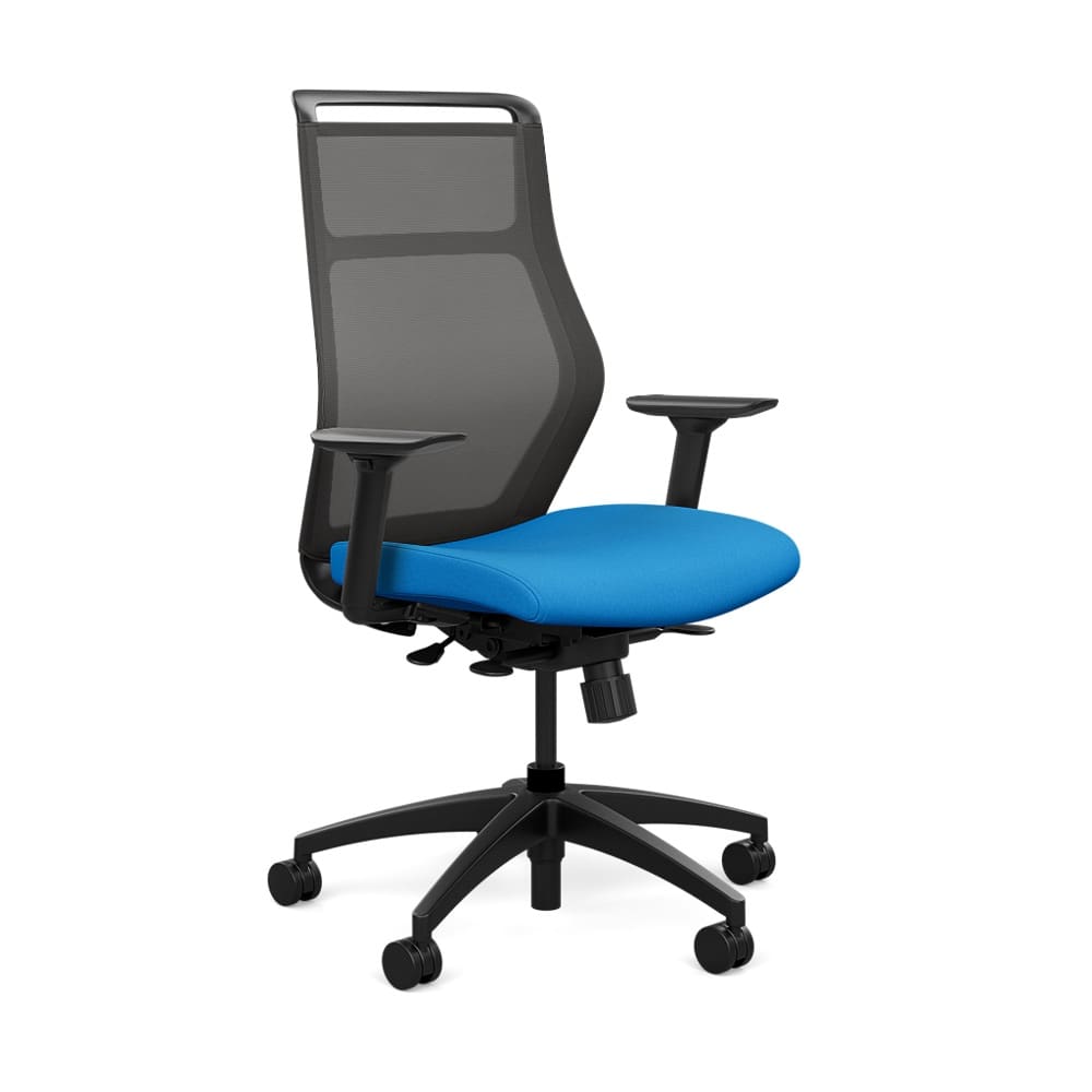 Hexy Task Chair by SitOnIt Seating in a black frame and an electric blue seat