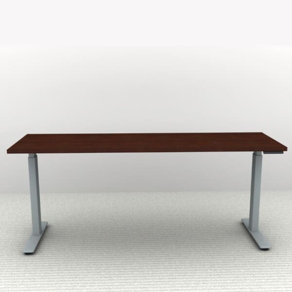 Height Adjustable Desk 71 x 24. Shown in a Silver Frame and a Mahogany Top