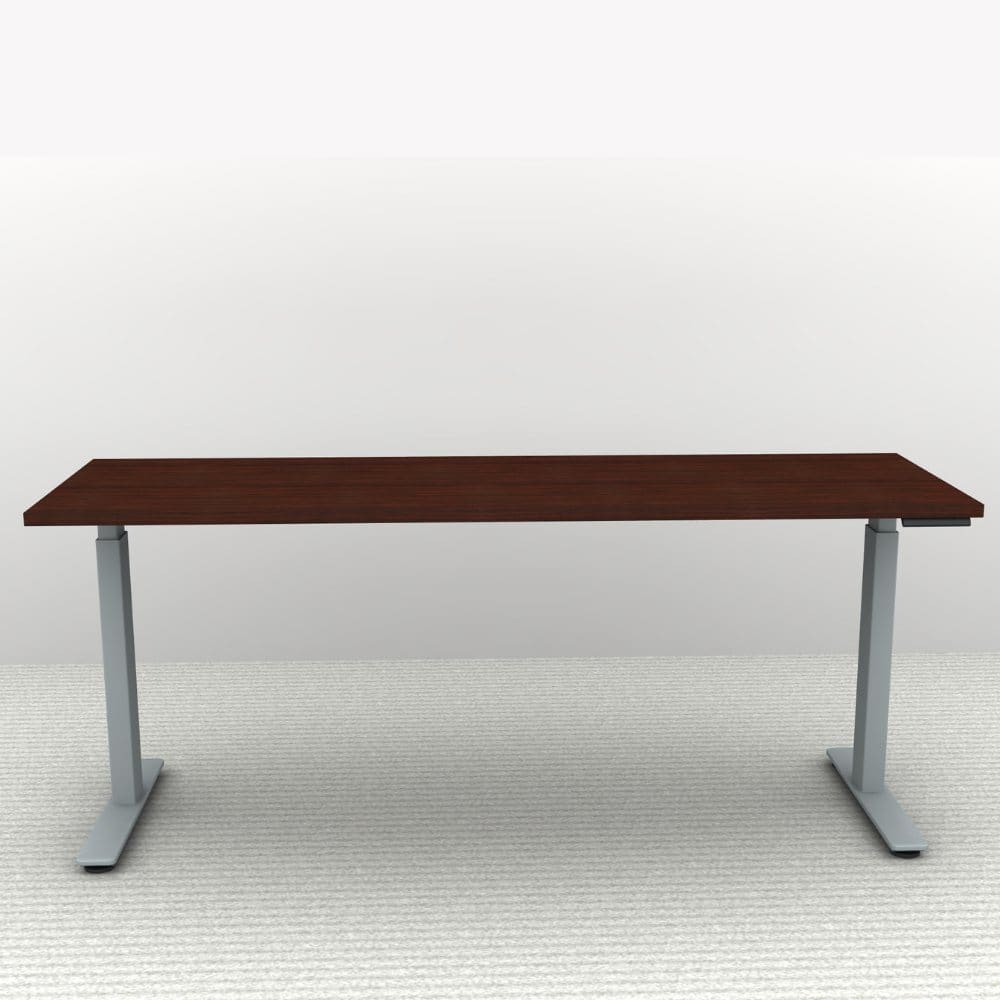 Height Adjustable Desk 71 x 24. Shown in a Silver Frame and a Mahogany Top