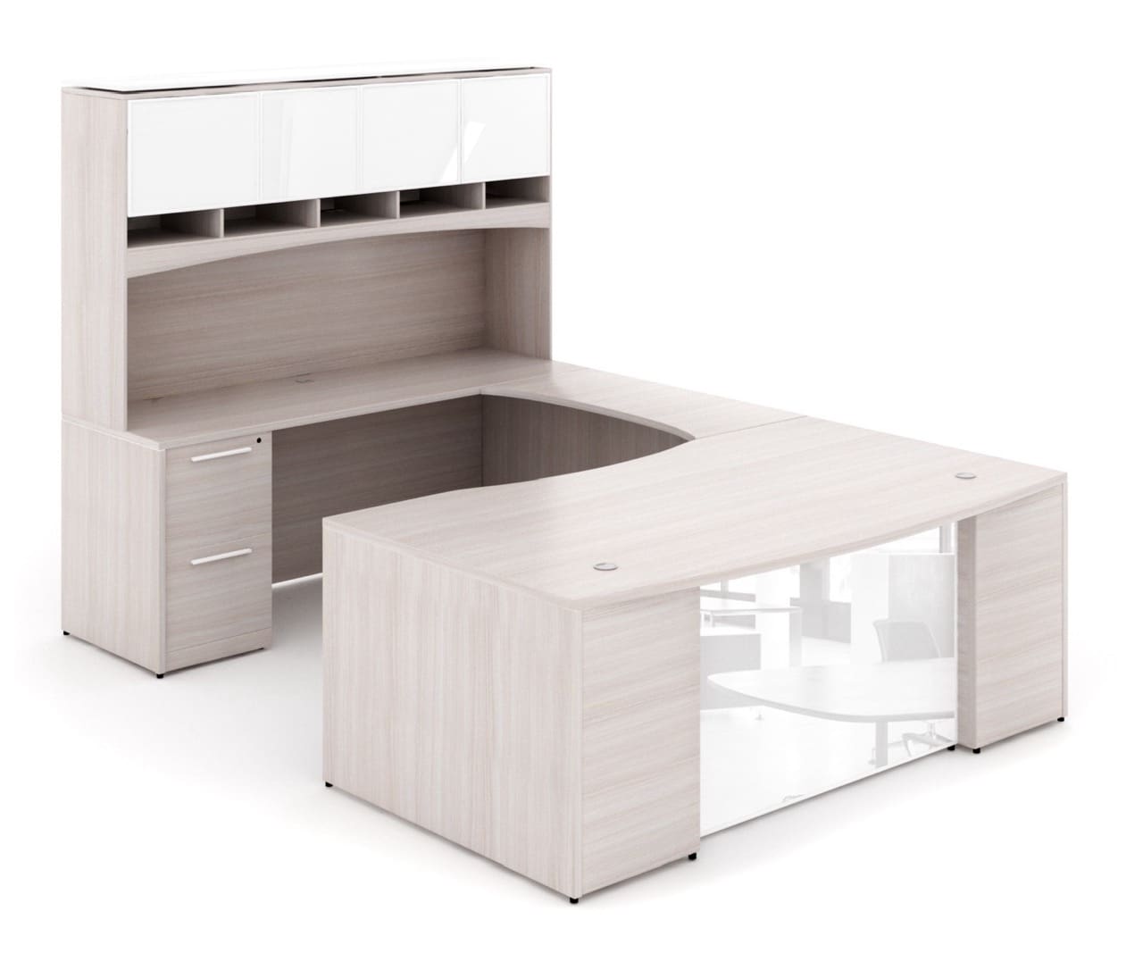72"W Bow Front Desk with Box/Box/File Pedestal, 42" Curved Bridge, 72"W Credenza with File/File Pedestal, and 72" Overhead Hutch with Glass Doors - Image 10