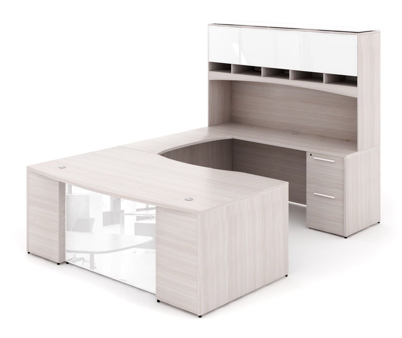 72"W Bow Front Desk with Box/Box/File Pedestal, 42" Curved Bridge, 72"W Credenza with File/File Pedestal, and 72" Overhead Hutch with Glass Doors - Image 5
