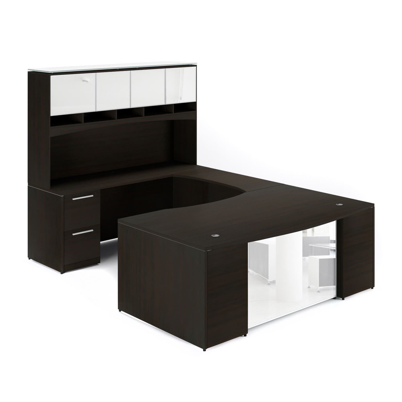 72"W Bow Front Desk with Box/Box/File Pedestal, 42" Curved Bridge, 72"W Credenza with File/File Pedestal, and 72" Overhead Hutch with Glass Doors - Image 9