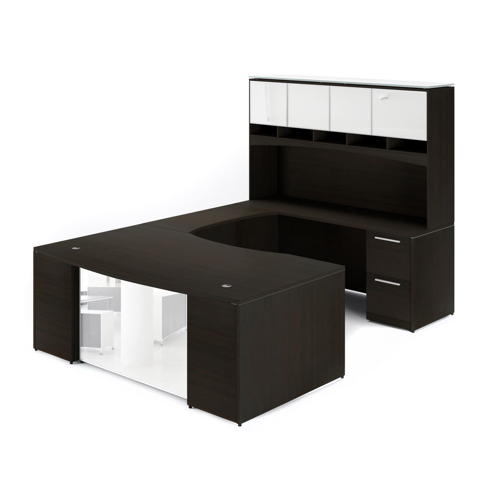 72"W Bow Front Desk with Box/Box/File Pedestal, 42" Curved Bridge, 72"W Credenza with File/File Pedestal, and 72" Overhead Hutch with Glass Doors - Image 4