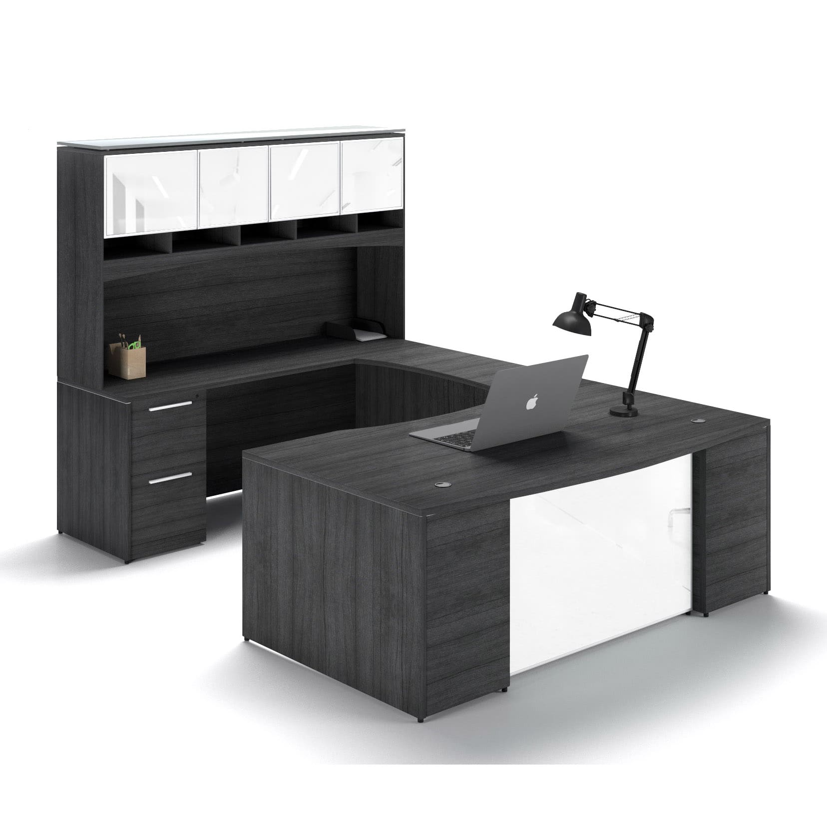 72"W Bow Front Desk with Box/Box/File Pedestal, 42" Curved Bridge, 72"W Credenza with File/File Pedestal, and 72" Overhead Hutch with Glass Doors - Image 8