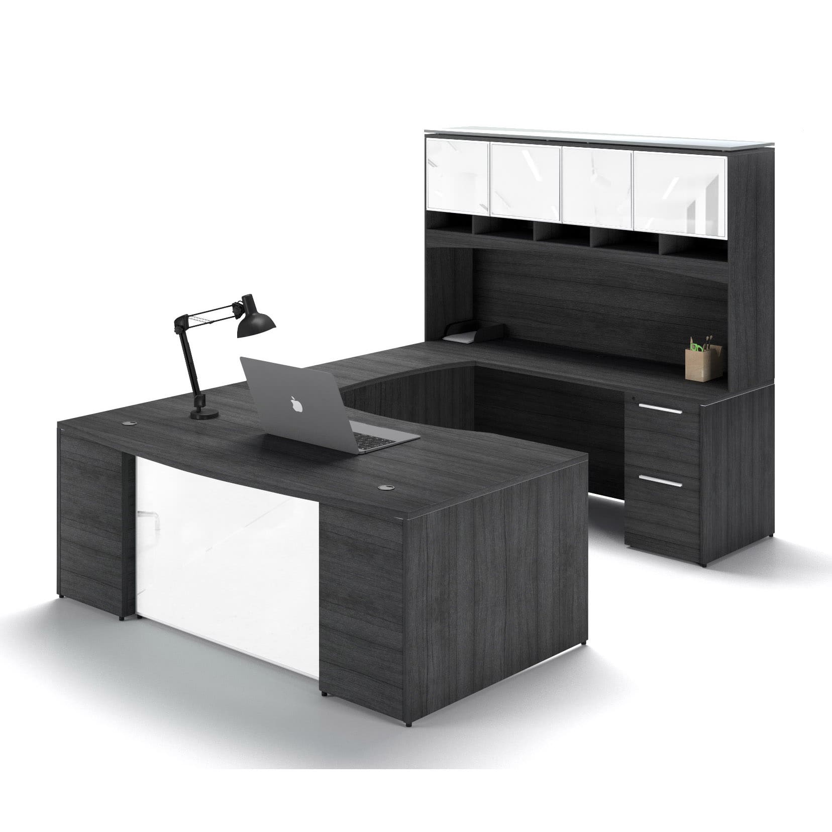 72"W Bow Front Desk with Box/Box/File Pedestal, 42" Curved Bridge, 72"W Credenza with File/File Pedestal, and 72" Overhead Hutch with Glass Doors - Image 3
