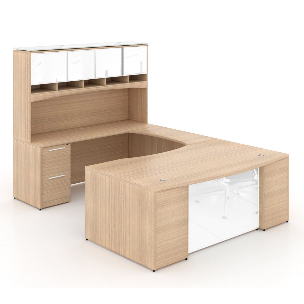 72"W Bow Front Desk with Box/Box/File Pedestal, 42" Curved Bridge, 72"W Credenza with File/File Pedestal, and 72" Overhead Hutch with Glass Doors - Image 6