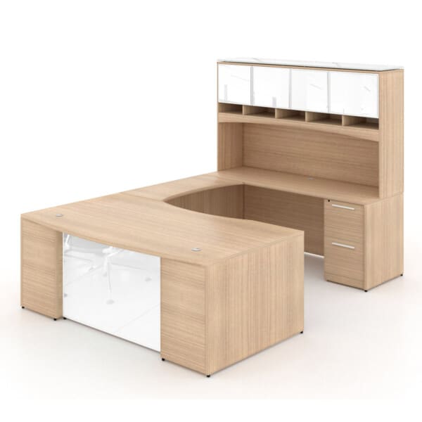 72"W Bow Front Desk with Box/Box/File Pedestal, 42" Curved Bridge, 72"W Credenza with File/File Pedestal, and 72" Overhead Hutch with Glass Doors