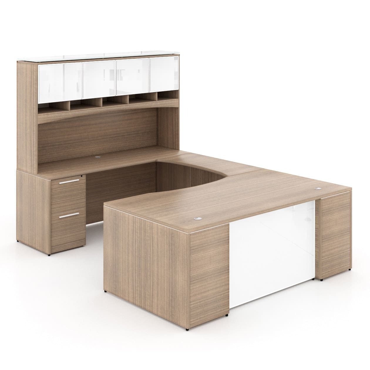72"W Bow Front Desk with Box/Box/File Pedestal, 42" Curved Bridge, 72"W Credenza with File/File Pedestal, and 72" Overhead Hutch with Glass Doors - Image 7