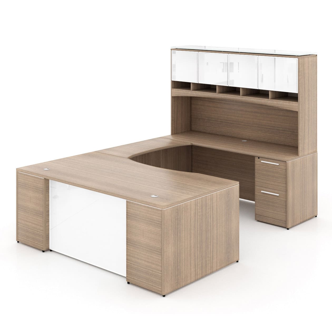 72"W Bow Front Desk with Box/Box/File Pedestal, 42" Curved Bridge, 72"W Credenza with File/File Pedestal, and 72" Overhead Hutch with Glass Doors - Image 2