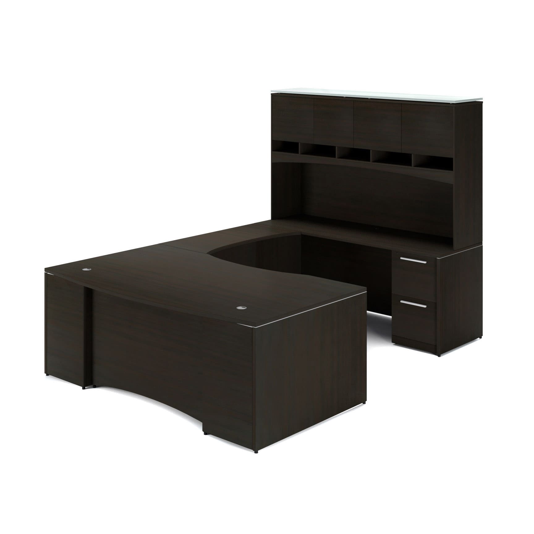 72"W Bow Front Desk with Box/Box/File Pedestal, 42" Curved Bridge, 72"W Credenza with File/File Pedestal, and 72" Overhead Hutch with Laminate Doors - Image 1