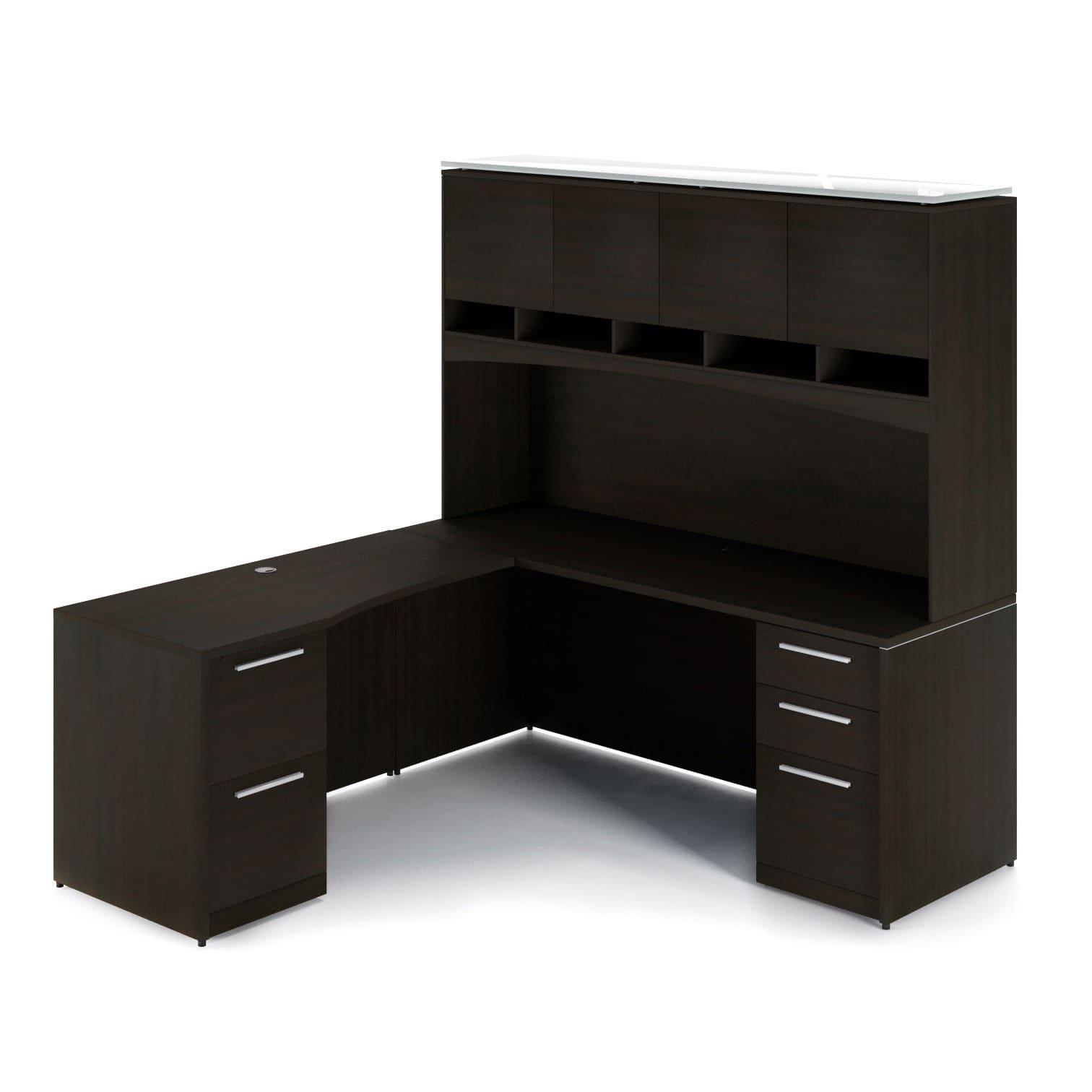 72"W Desk with File/File Pedestal, Overhead Hutch with Laminate Doors, and 42" Angled Return with Box/Box/File Pedestal - Image 7