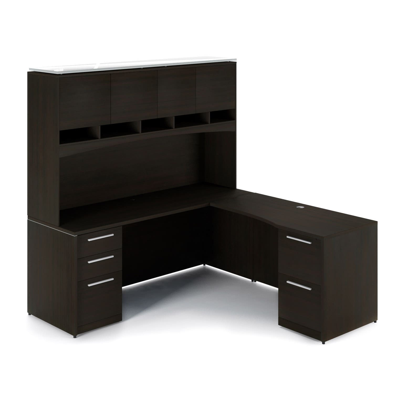 72"W Desk with File/File Pedestal, Overhead Hutch with Laminate Doors, and 42" Angled Return with Box/Box/File Pedestal - Image 3