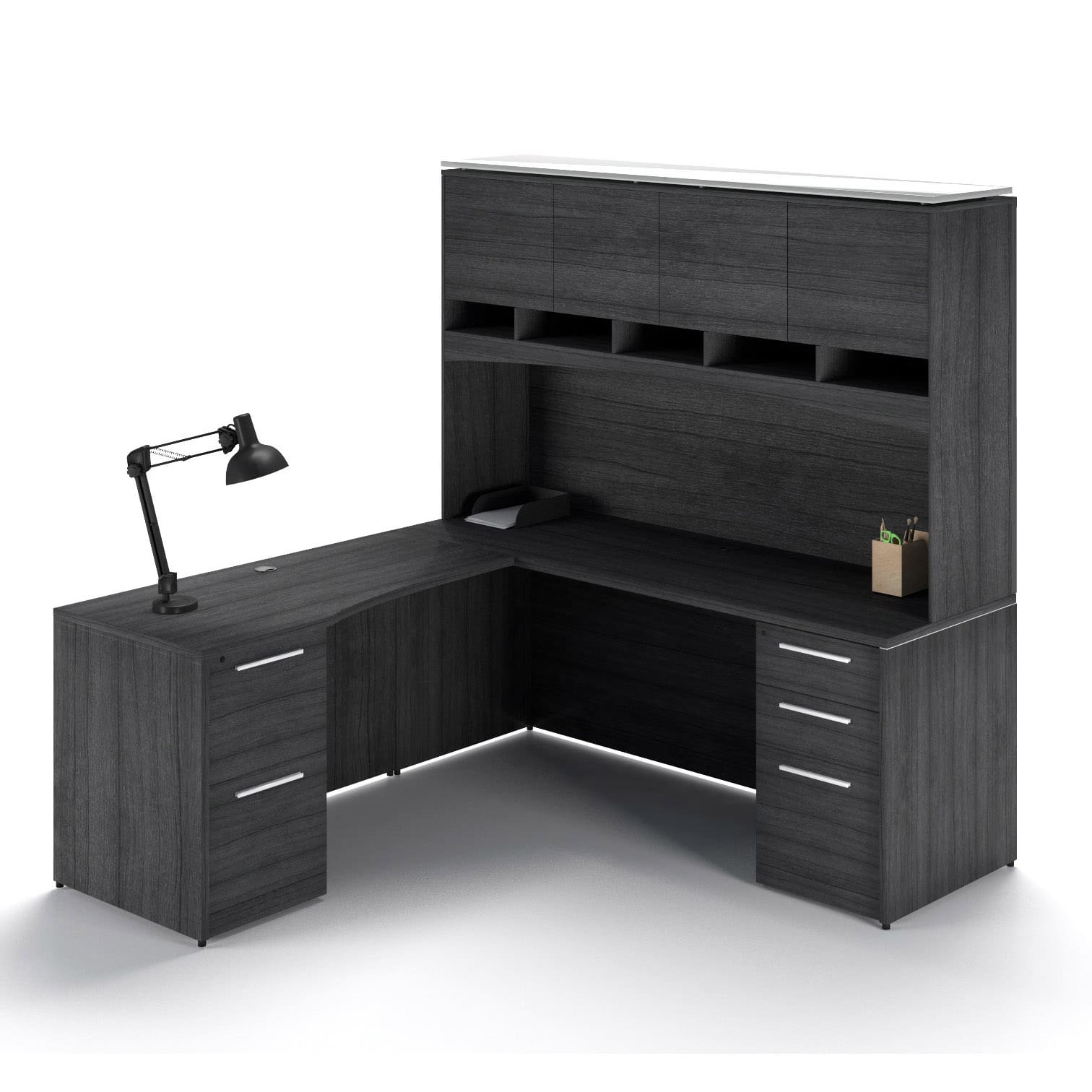 72"W Desk with File/File Pedestal, Overhead Hutch with Laminate Doors, and 42" Angled Return with Box/Box/File Pedestal - Image 8